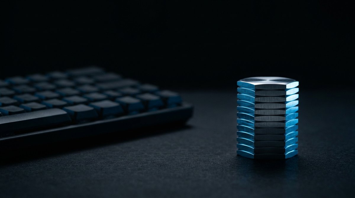 キーボードの横に積まれた六角形の金属トークンのイラスト。Claude Codeの料金と従量課金を表しています