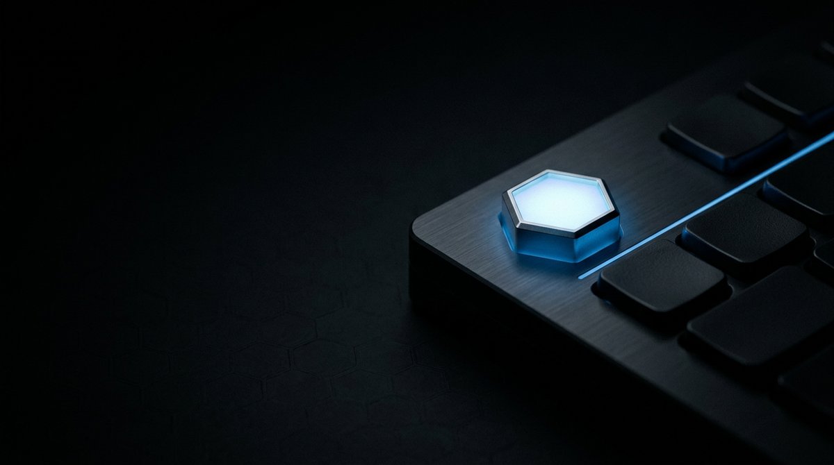 青く光る六角形のキーと光の線のイラスト。Claude CodeをAPIキーで使う設定を表しています